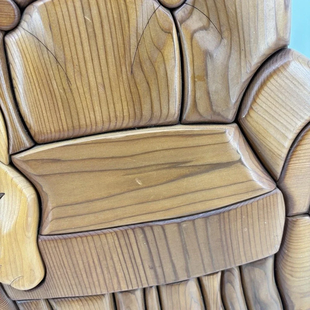 Large Vtg Wood Intarsia‎ Cat Cheshire Wall Art Artisan Handmade Wooden